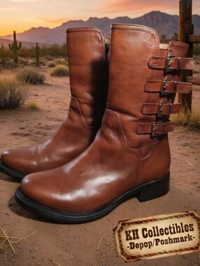 Napoleoni Italy | Brown Leather Mid-Calf Moto Boots Womens Size 7.5 US